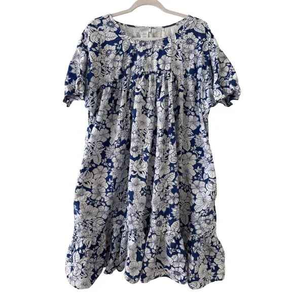 Vintage Simply Basic Blue & White Floral Cotton Midi Dress With Pockets L - Picture 10 of 13